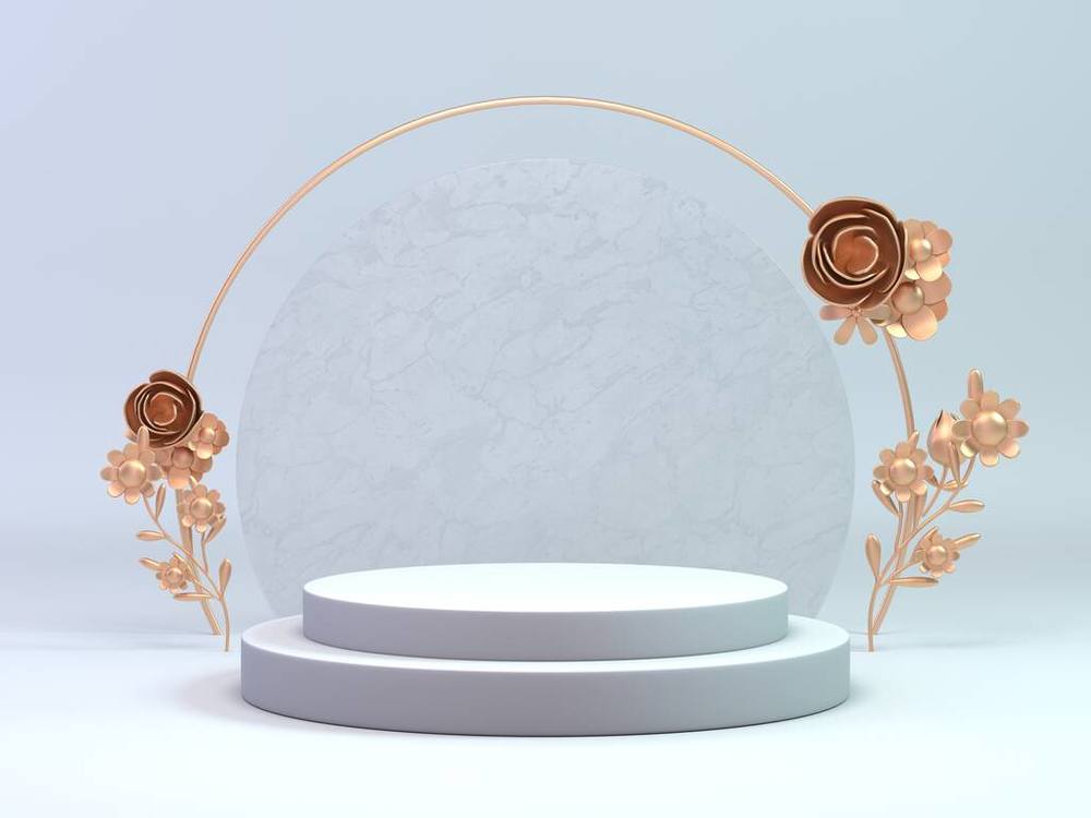 3D制作经典的白色和金色讲台用于化妆品或任何装饰花卉的物品3D背景物品展示产品